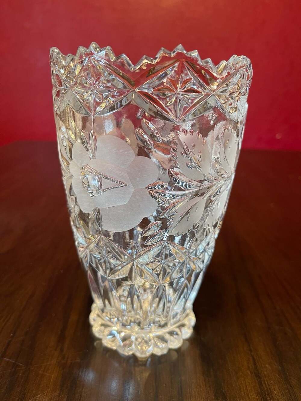 Imperlux Cut Lead Crystal Etched Floral Vase Sawtooth Rim